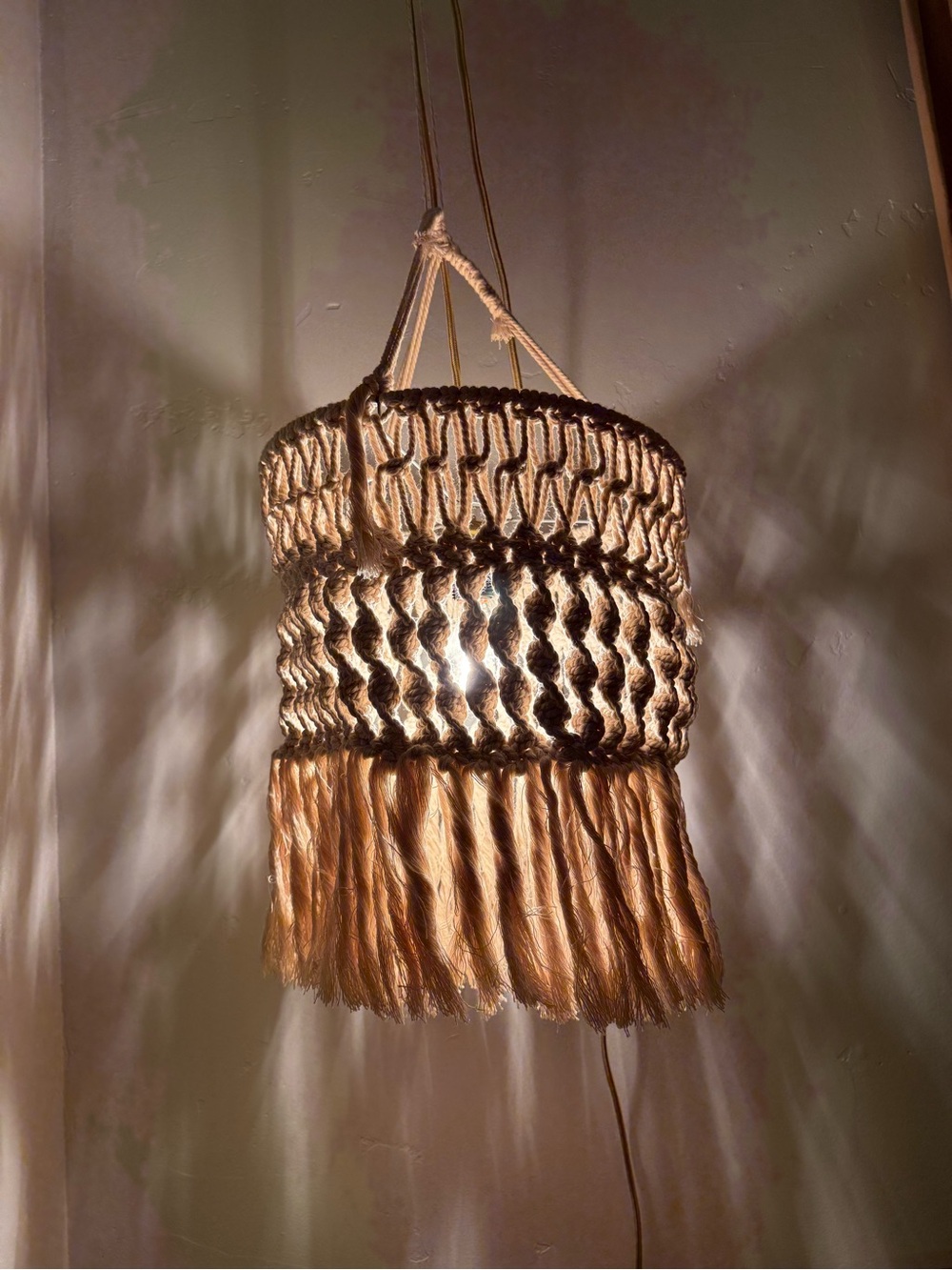 Boho Macramé Hanging Fringe Pendant Lamp - Natural Beige